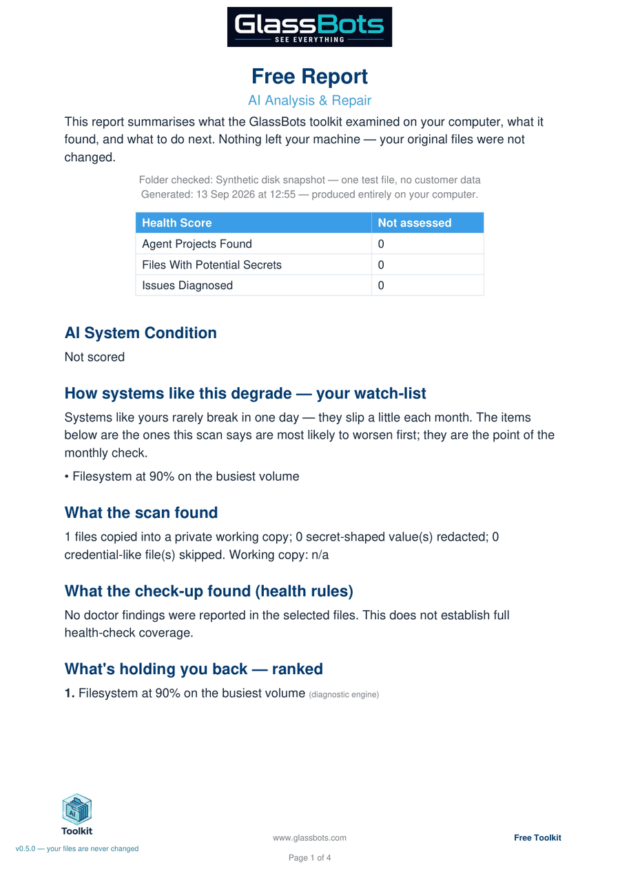 First page of a GlassBots Free Report, showing the health score, what the check covered and the ranked findings